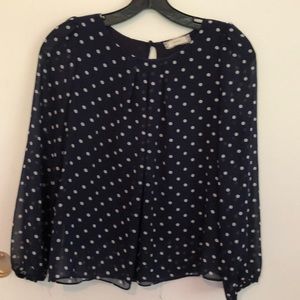 navy and white polka dot top